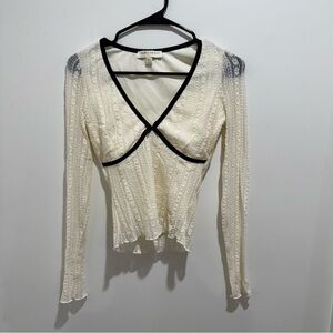 Thirty/Thirty XS Lace Long Sleeve Top – Ivory Sheer Contrast Trim‎